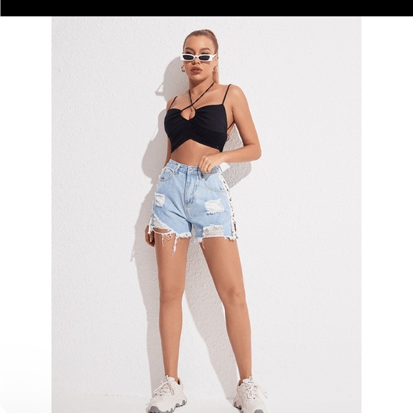 Furst Of A Kind Upcycled Vintage Lace Up High Waist Sasson Blue Denim Shorts - Picture 4 of 8